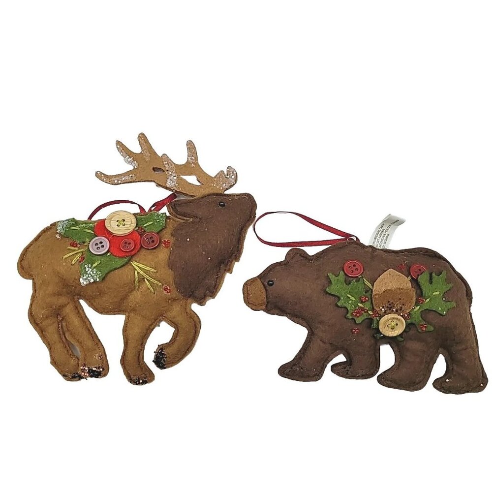 Reindeer Bear Ornaments Hand Made Stuffed  Felt Hanging Christmas Tree Ornament